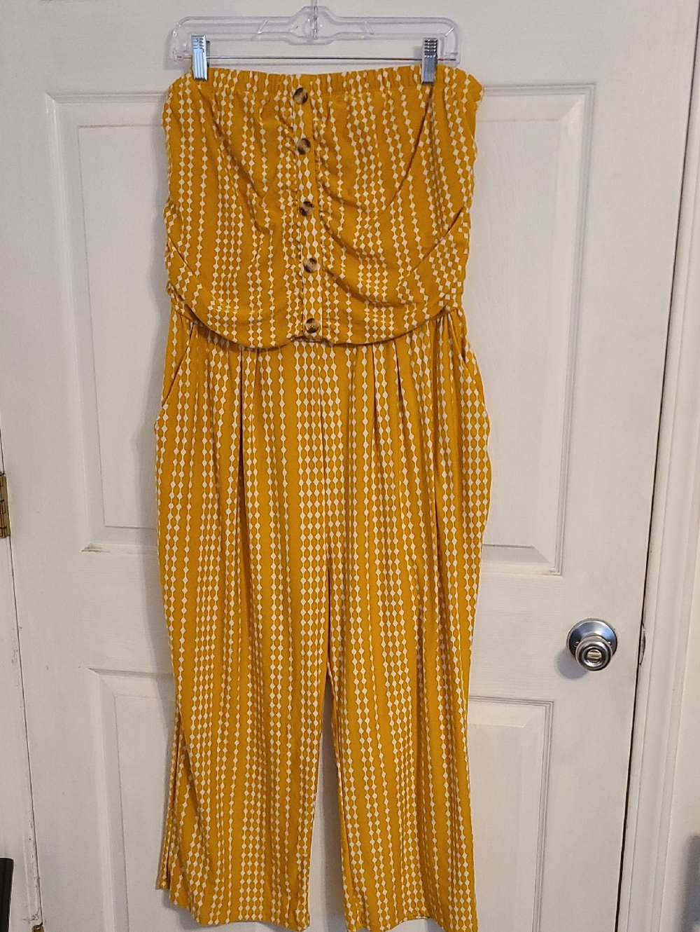 J for Justify Mustard Yellow Strapless Button-Front Wide-Leg Jumpsuit